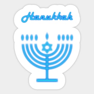 Neon Menorah Jewish Holiday Hanukkah Party Decoration with traditional Chanukah symbol hanukkiah menorah candlestick with candles, star of David Sticker